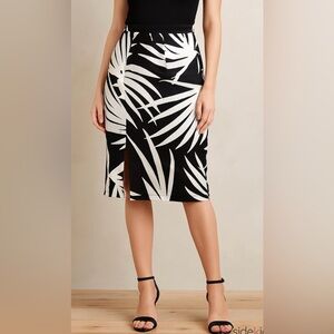 Akira Black White Tropical Leaf Print Front Slit Lined Casual Skirt Size Small